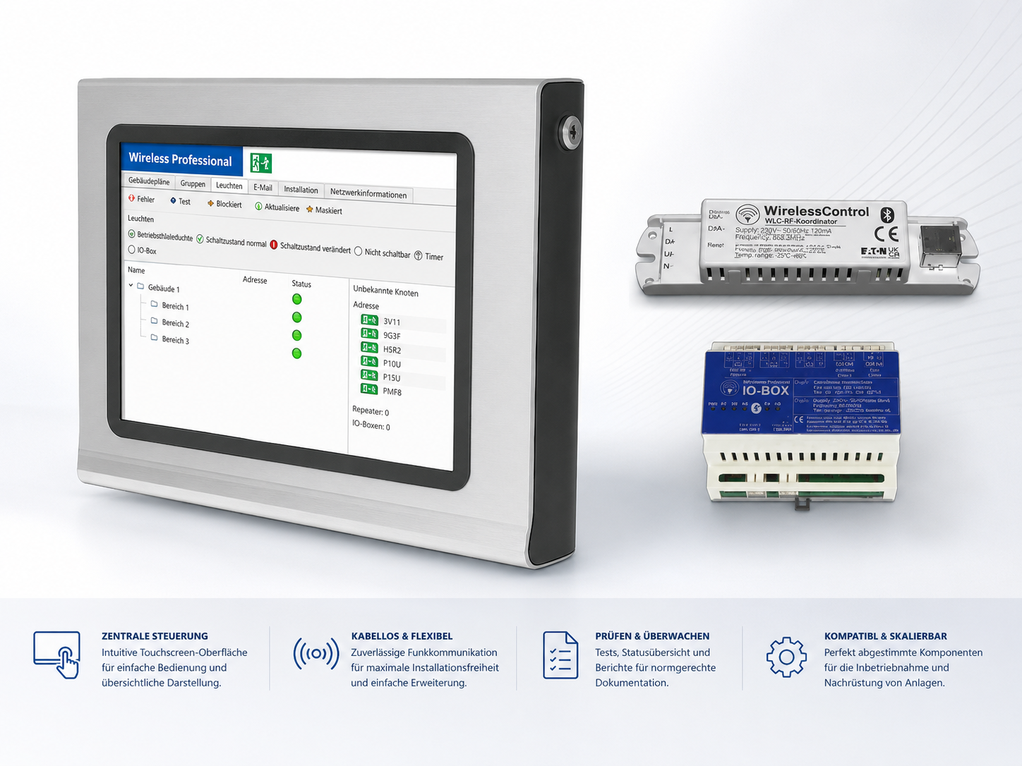 KMC Wireless-Control-System mit Zentrale, Funkkoordinator und IO-Box
