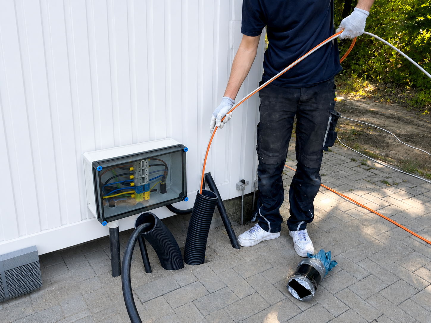 Zwei Mitarbeiter von Elektrotechnik Frank bei Arbeiten an einer Elektroverteilung